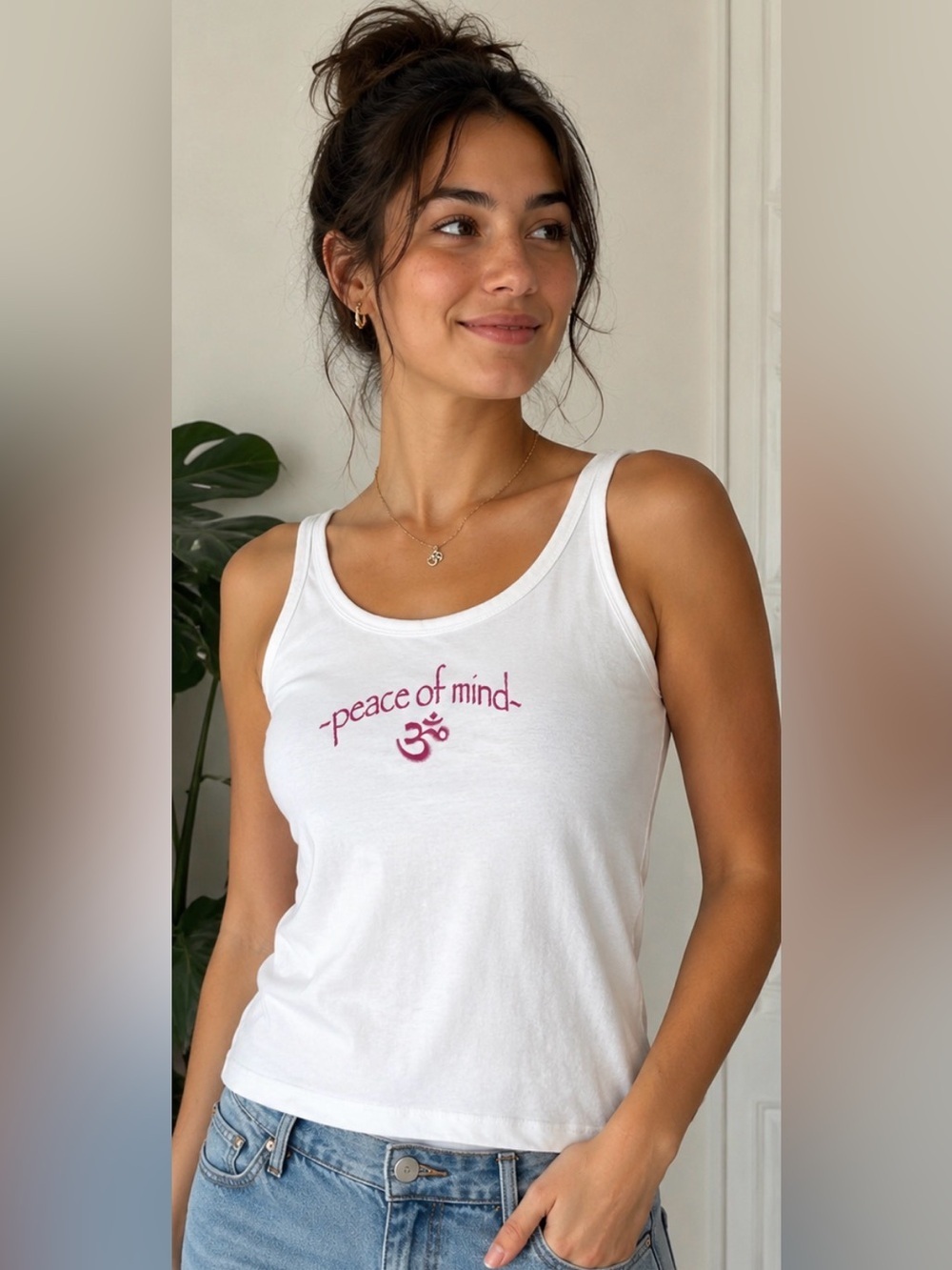Prosprit Peace of Mind White Graphic Tank Top Size Medium-Runs on Small Size